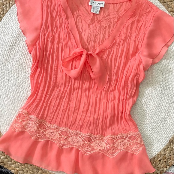 y2k Top Crinkle Chiffon Wrinkle Blouse Flutter Cap Sleeve Ruffles Lace - Picture 10 of 16